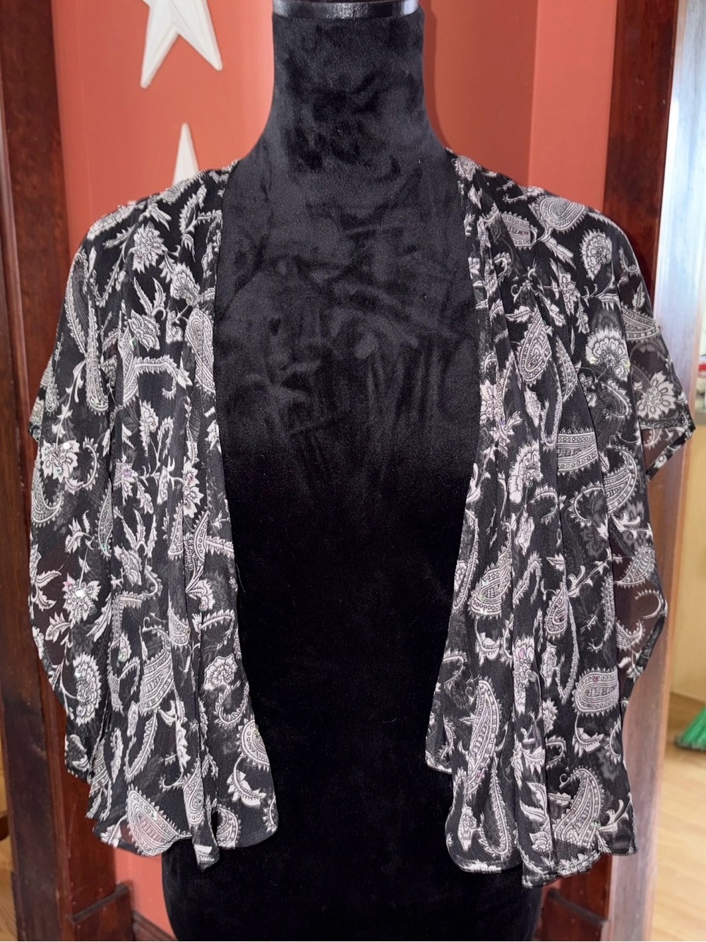 NWT-One World Black Paisley sequined Open-Front Women's Cardigan Sweater